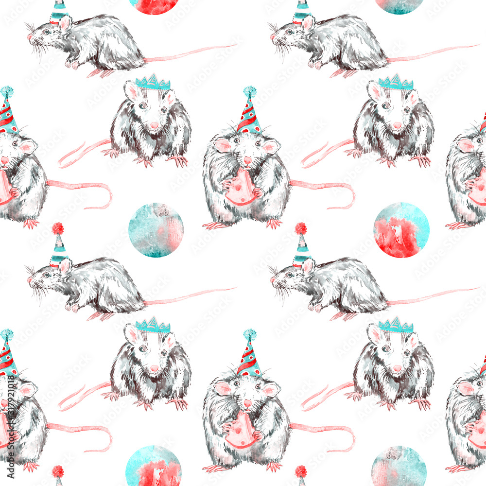 Fototapeta premium Small funny white-gray rats in hats and crowns, watercolor painting, turquoise red circles, seamless pattern design on white background
