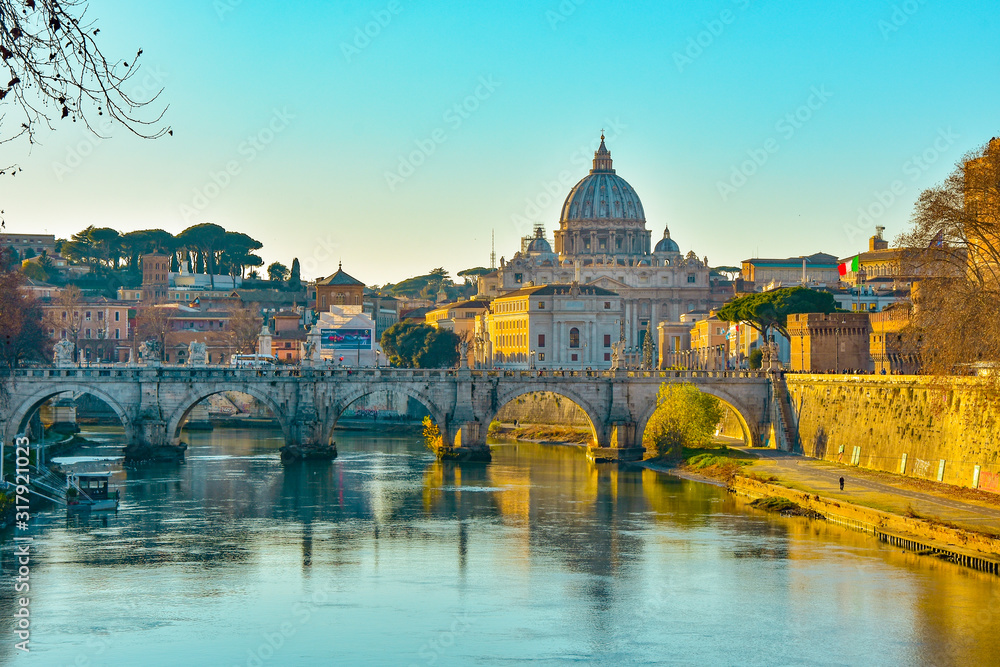 Bridge and Castle of Saint Angel on the banks of the Tiber River in Rome
