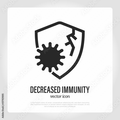 Decreased immunity: shield is hacked by bacteria. Thin line icon. Healthcare and medical vector illustration.