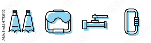 Set line Industry metallic pipes and valve, Rubber flippers for swimming, Diving mask and Carabiner icon. Vector
