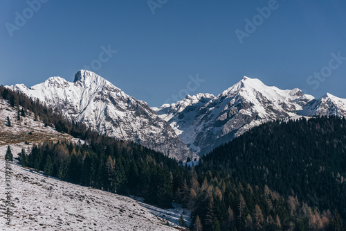 The snowy mountains, the woods and the mountain pastures during a fantastic winter day, near the town of Borno, Italy - December 2019.