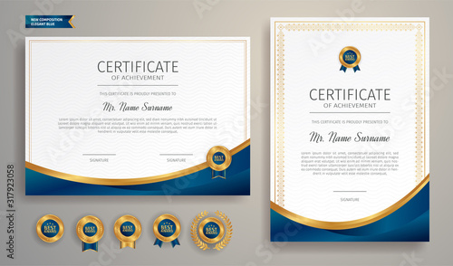 Premium gold and blue certificate of appreciation template, clean modern design with gold badge