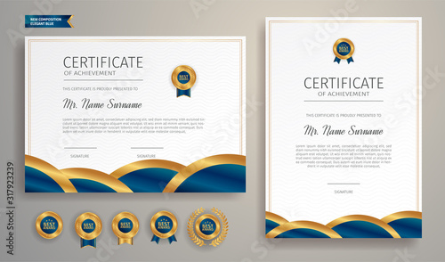 Premium gold and blue certificate of appreciation template, clean modern design with gold badge