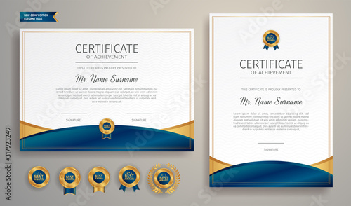Premium gold and blue certificate of appreciation template, clean modern design with gold badge