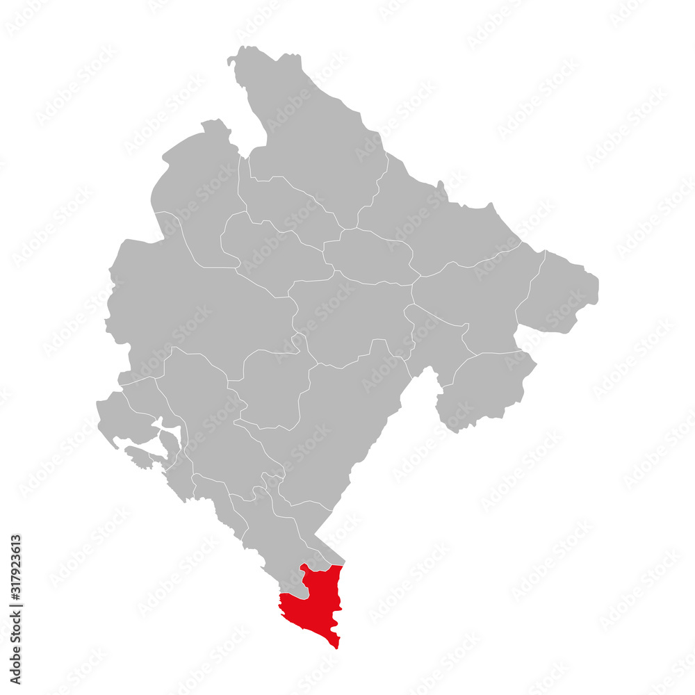 Ulcinj province highlighted on montenegro map. Gray background.