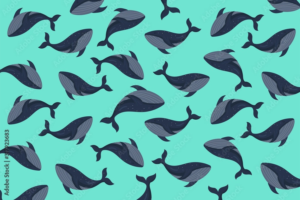 Fototapeta premium Ocean or Sea life, whales pattern background. vector illustration