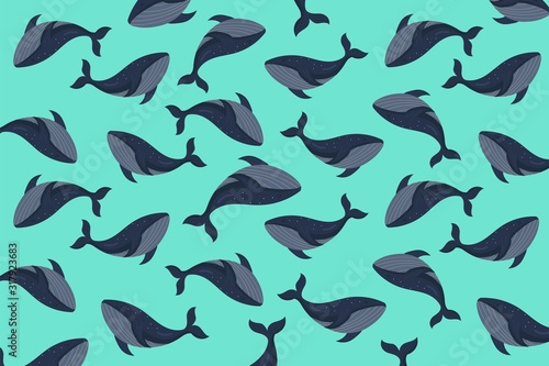 Ocean or Sea life, whales pattern background. vector illustration