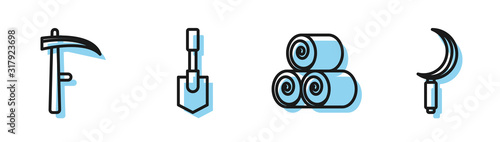 Set line Roll of hay, Scythe, Shovel and Sickle icon. Vector