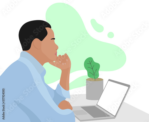 Black african man staring at a laptop. Man looking at computer. Thinking man. Man watching monitor screen. Working in office. Office workspace with plant - Simple flat vector illustration.