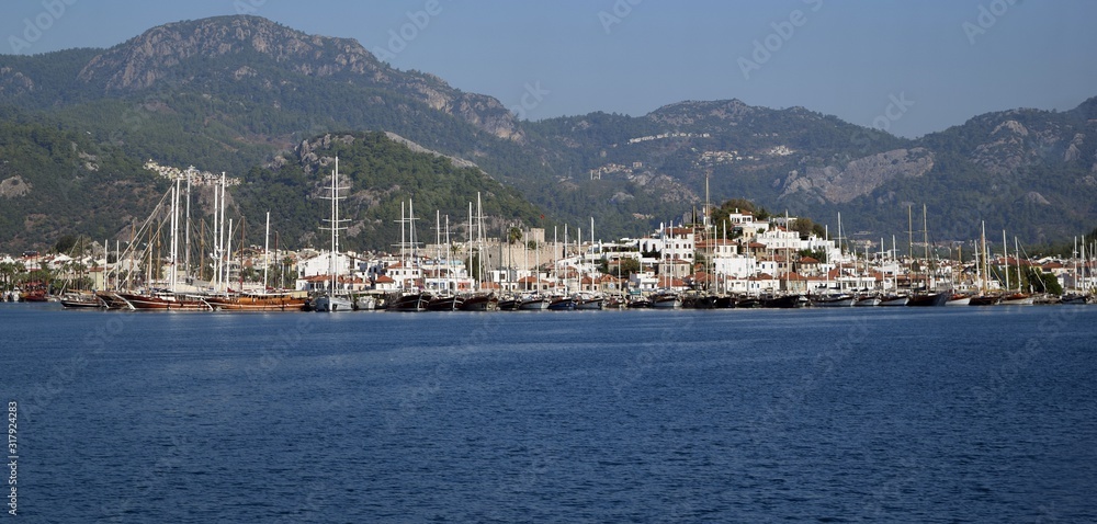 There are many yachts in the Marina of the resort town of Marmaris.