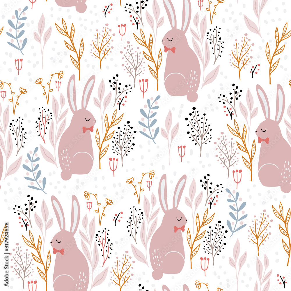 Seamless forest pattern with adorable rabbits in floral elements ...