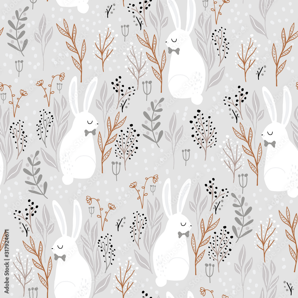 Rabits Texture Seamless forest pattern with adorable rabbits in floral elements ...