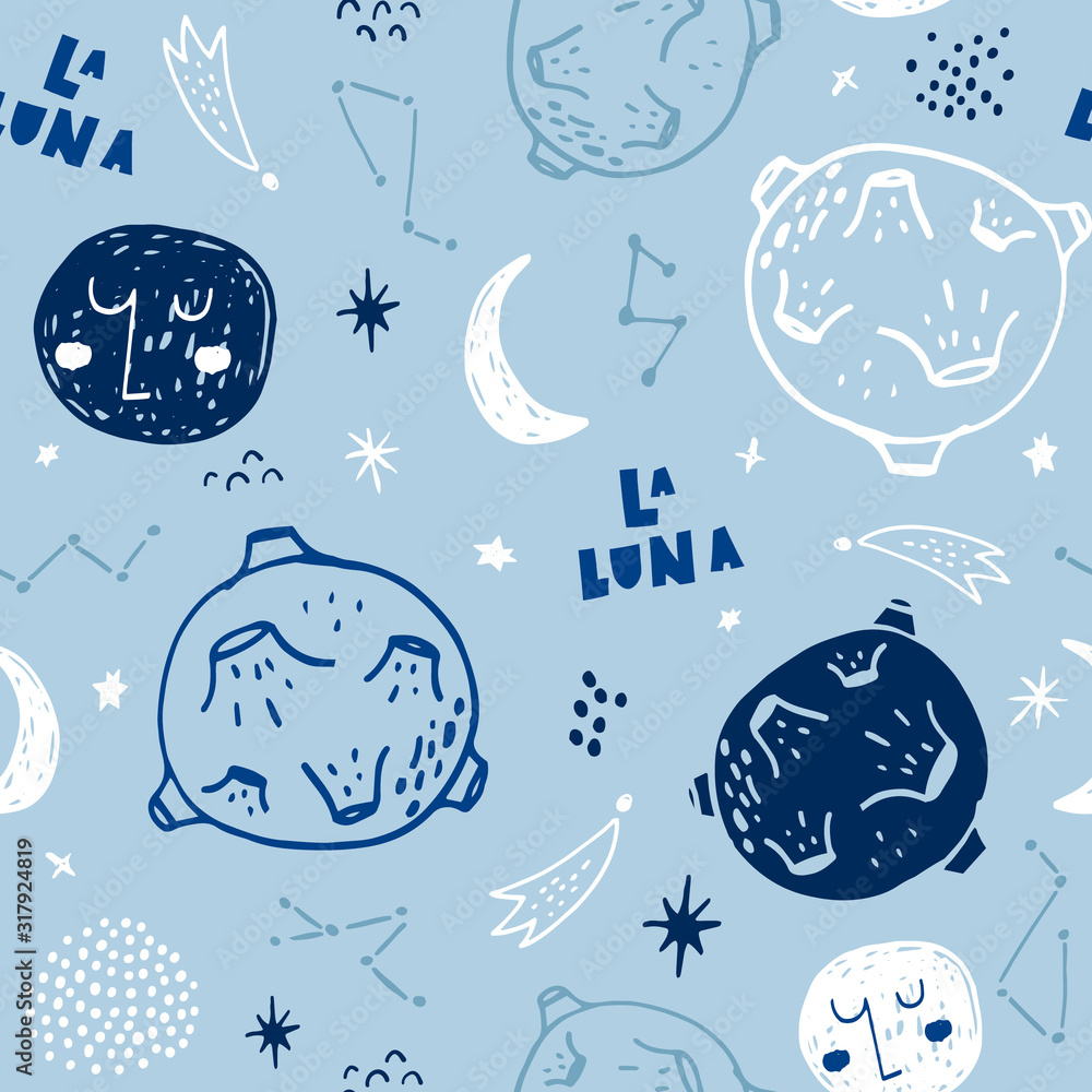 Childish seamless pattern with hand drawn space elements,star, planet, galaxy. Trendy cosmos kids vector background with moons.