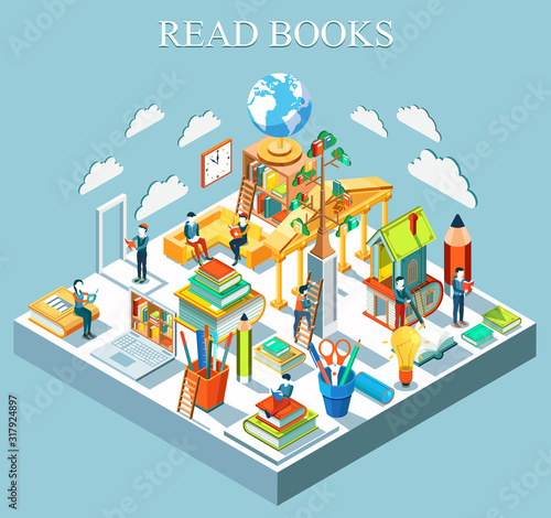 The concept of learning and reading books. Isometric flat design. Vector illustration.