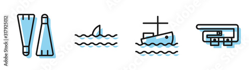 Set line Fishing boat on water, Rubber flippers for swimming, Shark fin in ocean wave and Diving belt icon. Vector