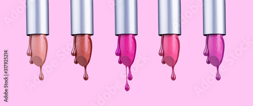 Lipstick colourful tints palette. Fashion Colorful liquid Lipsticks dripping, isolated on pink background, Professional Makeup, Beauty set. Beautiful Make-up concept. Lipgloss. Lipstick drops closeup