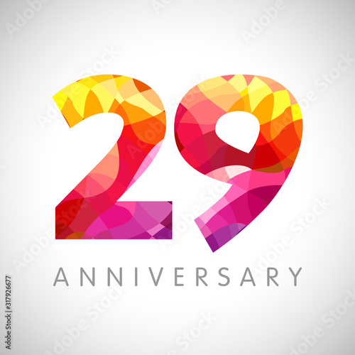 29 th anniversary numbers. 29 years old facet logotype. Age congrats, congratulation idea. Isolated abstract graphic design template. Creative 2, 9 3D yellow red digits. Up to 29% percent off discount