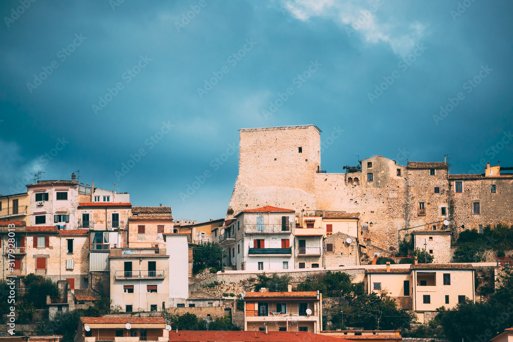Monte San Biagio, Italy. Top View Of Residential Area. Cityscape In Autumn Day Under Blue Cloudy Sky.