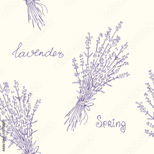 Seamless pattern lavender flowers on light background. Botanical drawing. Vector illustration.