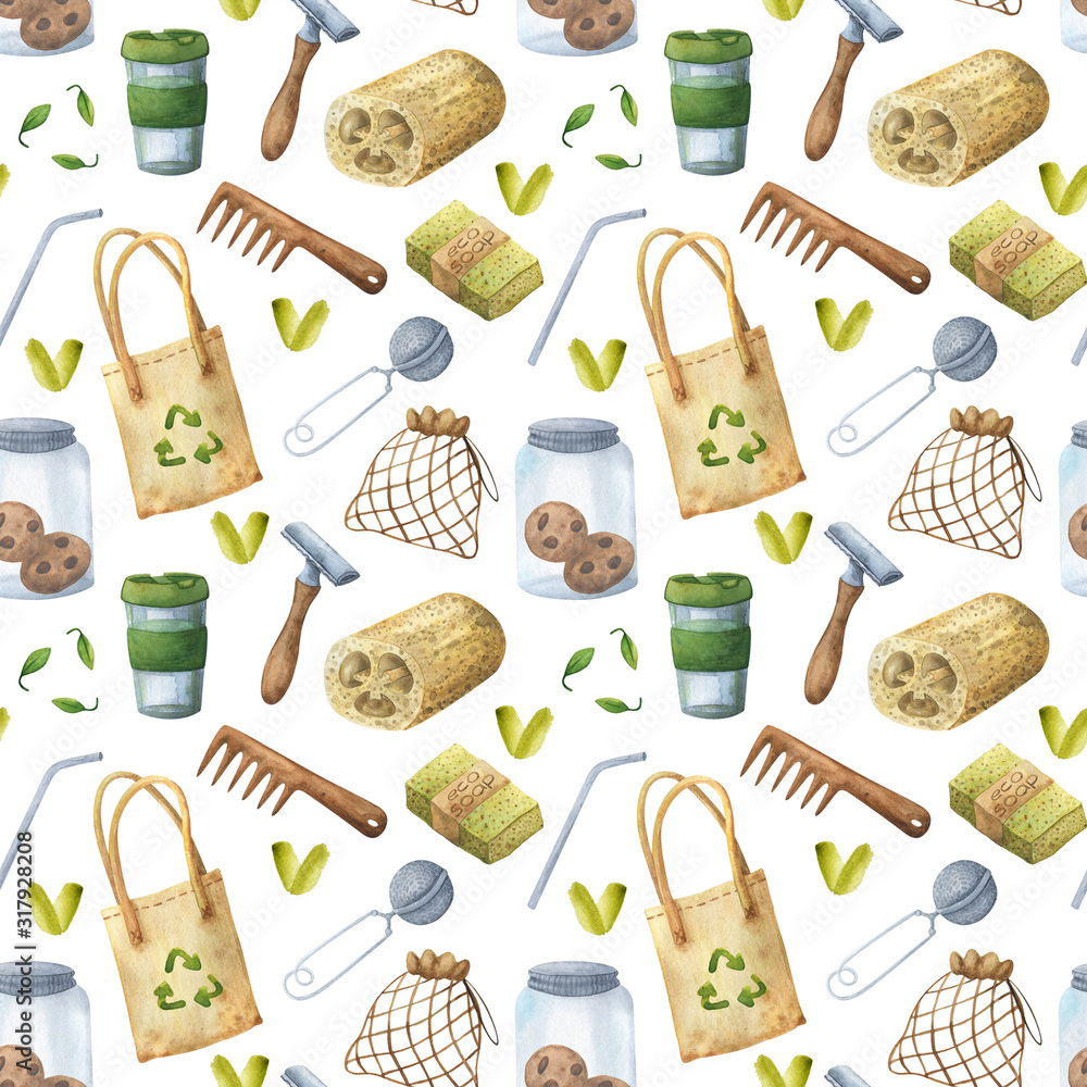 Eco-friendly seamless pattern. Background with eco reusable items. Watercolor illustrations: thermocup, lunch box, drinking tube, bag, healthy food, comb, natural soap, loofah. Lifestyle zero waste. Eco-friendly seamless pattern. Background with eco reusable items. Watercolor illustrations: thermocup, lunch box, drinking tube, bag, healthy food, comb, natural soap, loofah. Lifestyle zero waste.