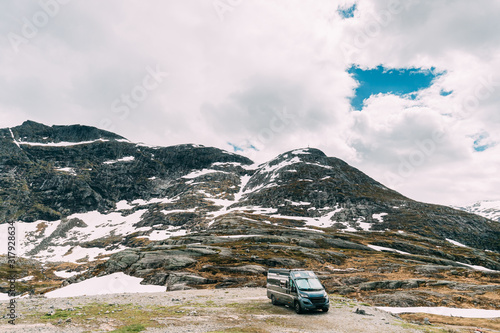 Reinheimen National Park, Norway. Van Caravan Motorhome Car Parking In National Park, Norway. Mountains Landscape In Summer. Western Norway