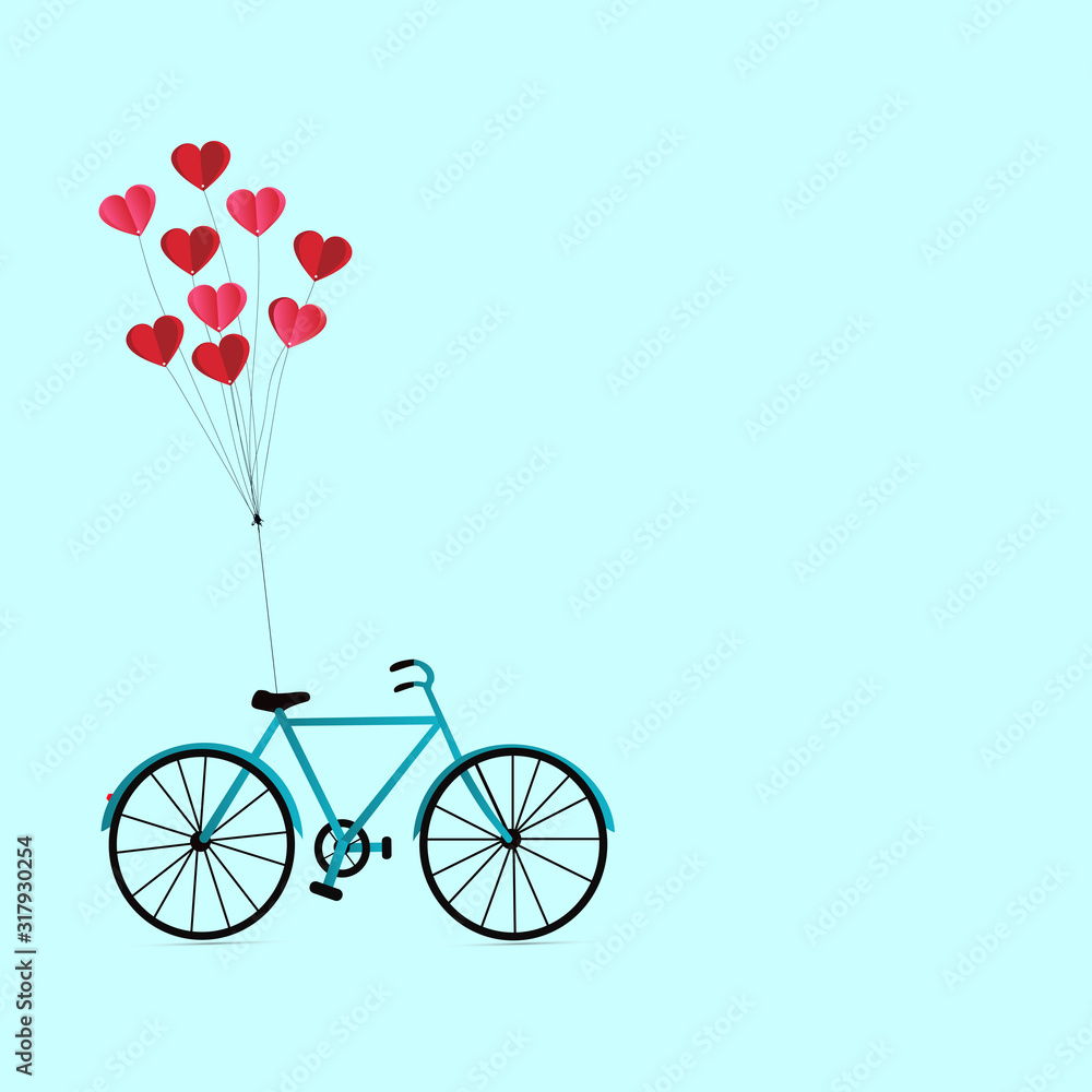 Illustration of happy lovers day or valentine day, balloon heart shape hang the bicycle. paper art and digital craft style.