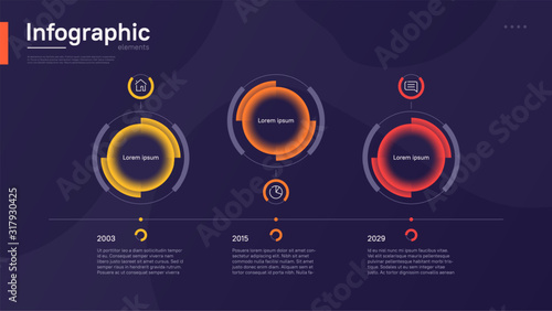 Stylish colorful vector timeline infographic template with circular graphic elements on a deep blue background