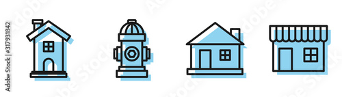 Set line House, Home symbol, Fire hydrant and Shopping building or market store icon. Vector