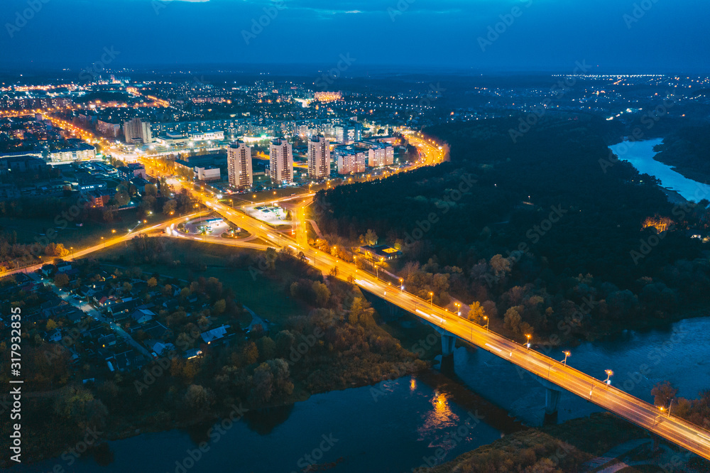 Grodno, Belarus. Night Aerial Bird's-eye View Of Hrodna Cityscape Skyline. Residential District