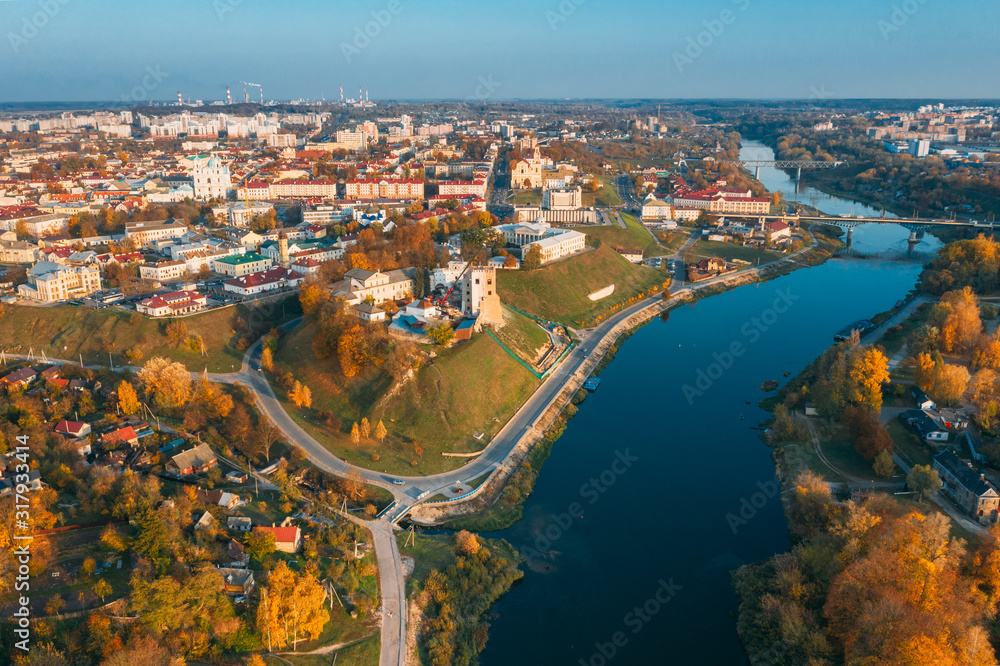 Fototapeta premium Grodno, Belarus. Aerial Bird's-eye View Of Hrodna Cityscape Skyline. Famous Popular Historic Landmarks In Sunny Autumn Evening