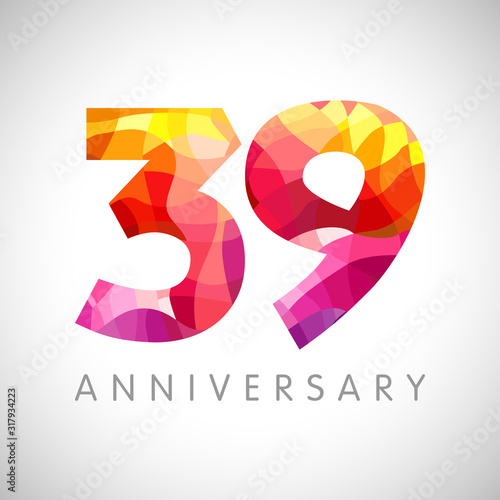 39 th anniversary numbers. 39 years old facet logotype. Age congrats, congratulation idea. Isolated abstract graphic design template. Creative 3, 9 3D yellow red digits. Up to 39% percent off discount photo