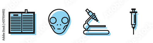 Set line Microscope, Open science book, Extraterrestrial alien face and Syringe icon. Vector