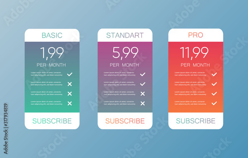 Comparison pricing list. Comparing price or product plan chart. Services cost table vector infographics template. eps 10