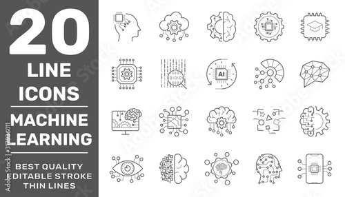Modern thin line icons set of modern technology: machine learning and artificial intelligent. Premium quality outline symbol collection. Editable Stroke. EPS 10