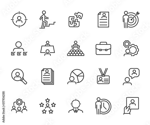 Vector set of head hunting line icons. Contains icons of interview, resume, career, training, skills, meeting and more. Pixel perfect, scalable 24, 48, 96 pixels.