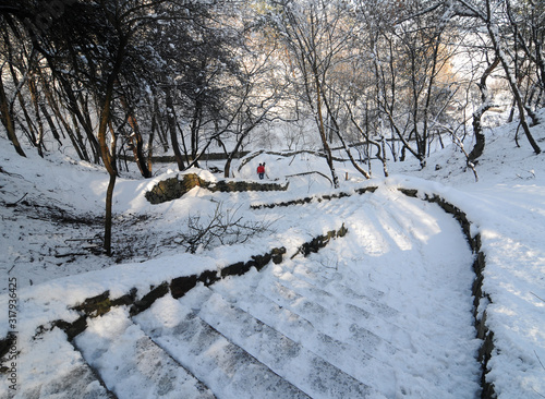 Winding snow-covered stairway in winter park, Cherkasy, Ukraine photo