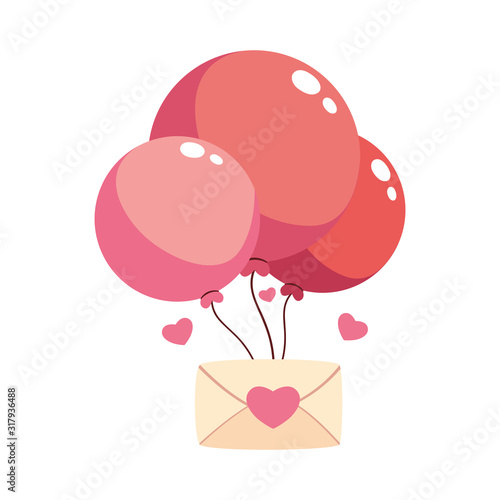 envelope with helium balloons in white background, valentines day card