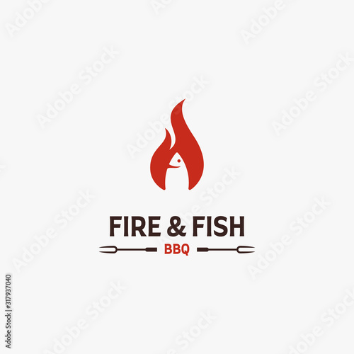fish barbeque inside a fire in negative space with fork logo design inspiration