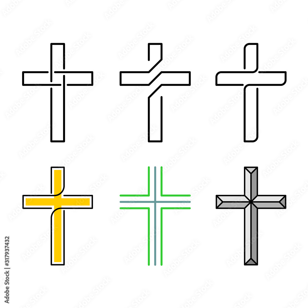 Cristian holy crosses set. Line style design religion symbols collection. Adjustable line width.