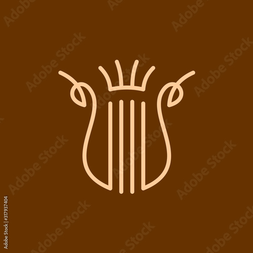 Harp with crown elegant line style music logo. Lyre symbol. Adjustable line width.