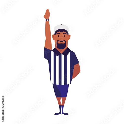 american football referee with his hand up on white background