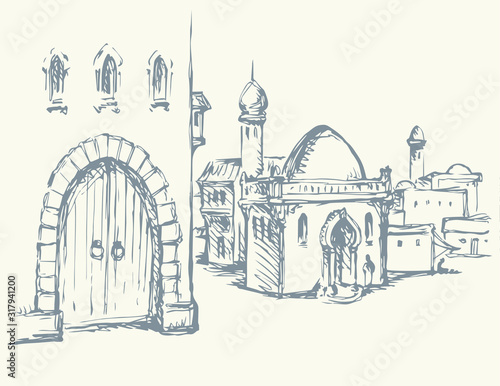 Old eastern city. Vector drawing