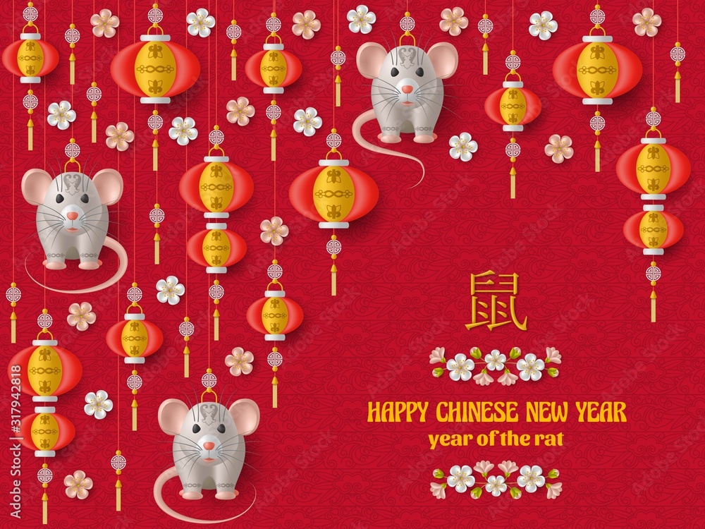 Happy Chinese New Year background with creative silver rat, sakura branches with flowers and hanging lanterns. Red colored template Happy Chinese New Year background with creative silver rat, sakura branches with flowers and hanging lanterns. Red colored template