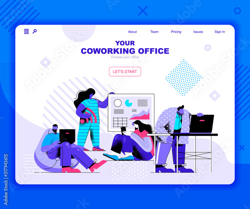 Coworking office landing page vector template. Freelance startup team website header UI layout with flat illustration. Professional meeting in workplace web banner flat concept