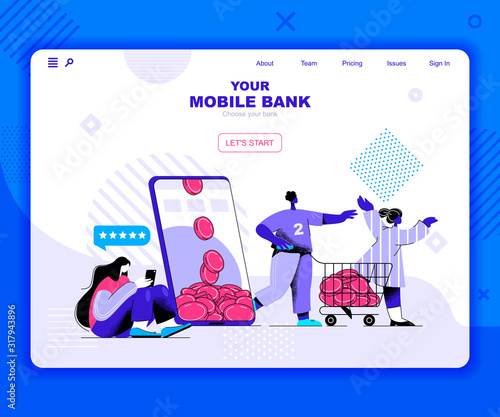 Mobile banking landing page vector template. Online smartphone payment website header UI layout with flat illustration. Digital currency transaction web banner flat concept