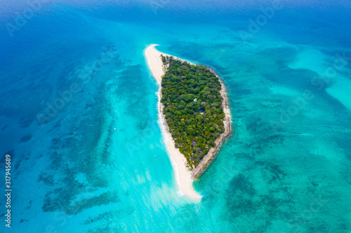 Aerial view of Resort on paradise island Nosy Iranja Kely, Madagascar