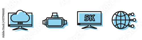 Set line Monitor display with 5k video, Computer monitor screen, Virtual reality glasses and Global technology or social network icon. Vector