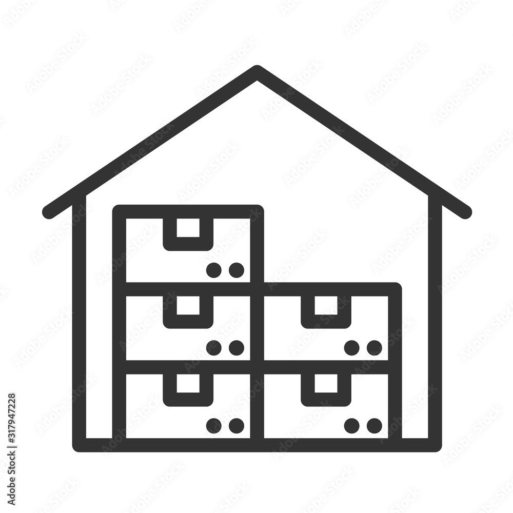 Warehouse outline vector icon isolated on white background. Warehouse with pile of parcel boxes inside. Outline vector illustration for web design and mobile app ui Warehouse outline vector icon isolated on white background. Warehouse with pile of parcel boxes inside. Outline vector illustration for web design and mobile app ui
