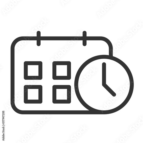 Calendar with clock outline vector icon isolated on white background. Office clock and calendar line vector icon for web design and mobile app ui. Time management business design conept