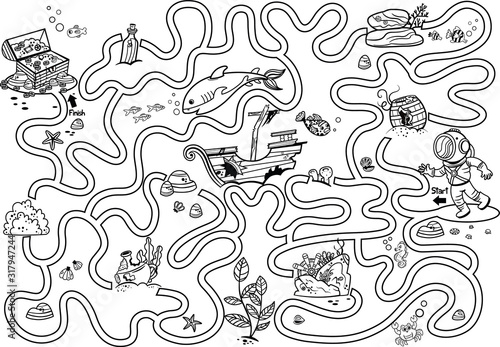 Help the diver to reach the  treasure chest. Black and white maze game for kids. Vector illustration.